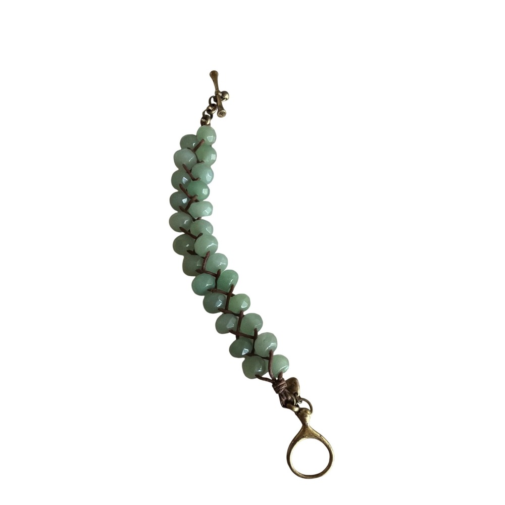 Fossil Bracelet Green Woven Stone Bead Boho Toggle Brass Charm Earthy Accessory